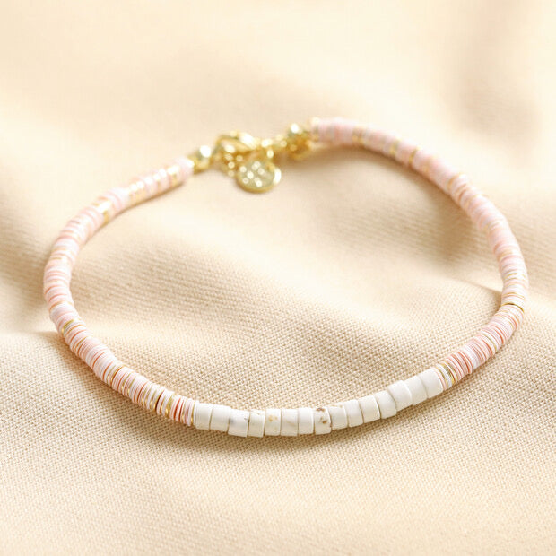 Pink & White Semi Precious Heishi Beaded Gold Anklet