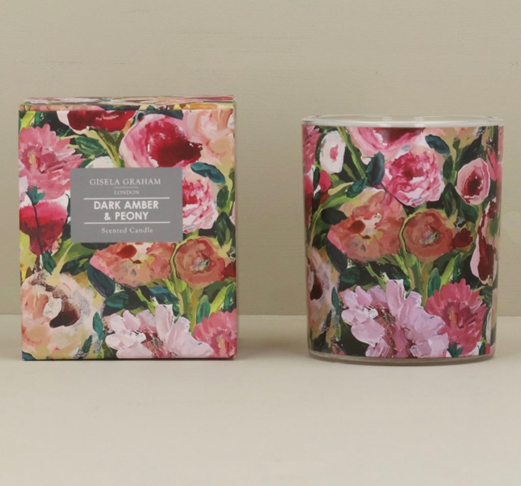 Gisela Graham Painted Peonies Candle - Dark Amber & Peony