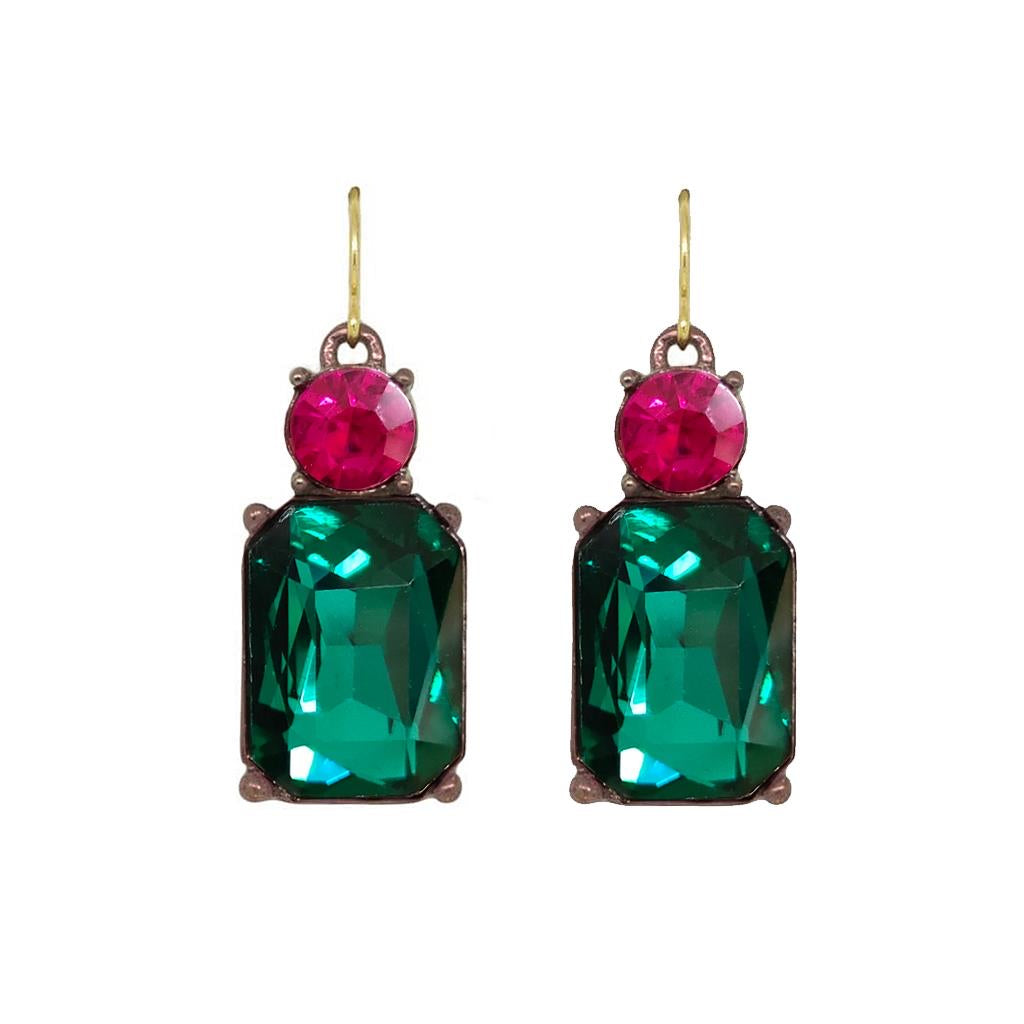 Cut Gem Drop Earrings - emerald and fuchsia