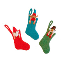 Load image into Gallery viewer, Santa, Snowman &amp; Elf in Stocking Felt Decorations - 3 Variants
